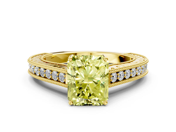 Yellow gold Fancy Yellow Radiant Cut Cut Pave Band Milgrain Solitaire Ring