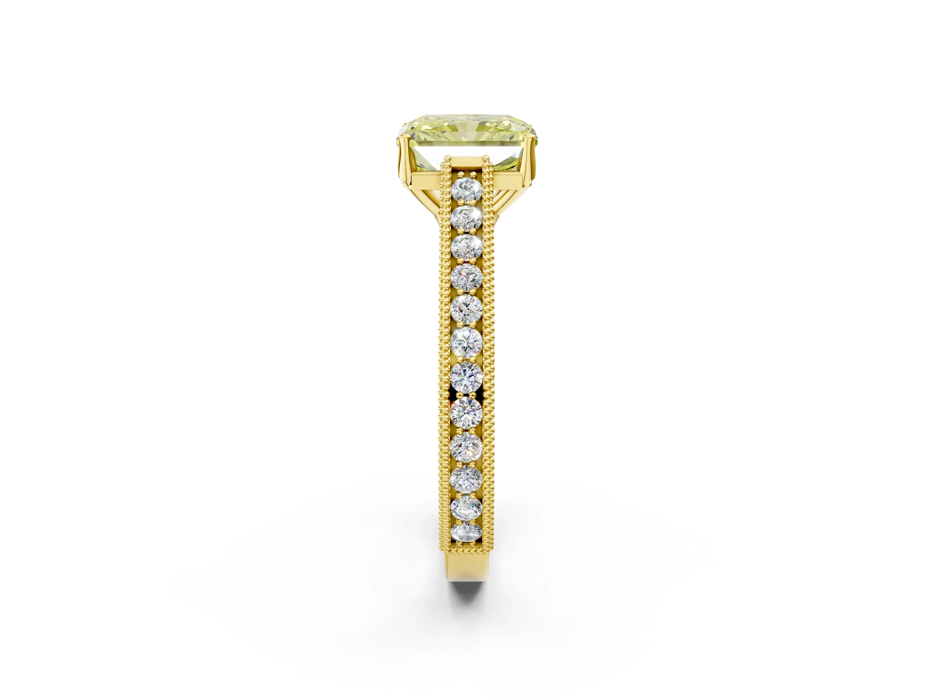 Yellow gold Fancy Yellow Radiant Cut Cut Pave Band Milgrain Solitaire Ring_2