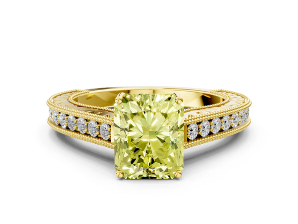 Yellow gold Fancy Yellow Radiant Cut Cut Pave Band Milgrain Solitaire Ring