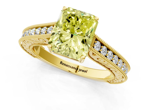 Yellow gold Fancy Yellow Radiant Cut Cut Pave Band Milgrain Solitaire Ring