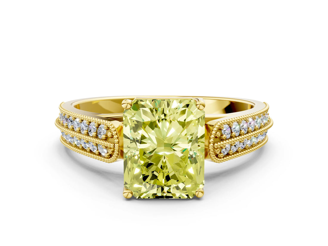 Yellow gold Fancy Yellow Radiant Cut Cut Pave Split Shank Engagement Ring with Four-Prong Setting