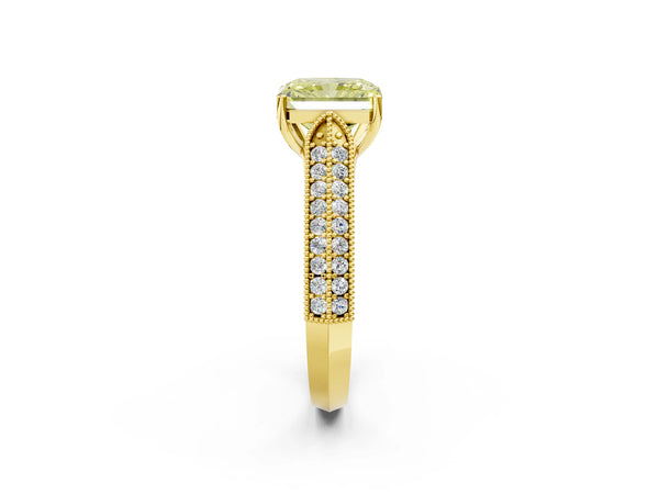 Yellow gold Fancy Yellow Radiant Cut Cut Pave Split Shank Engagement Ring with Four-Prong Setting