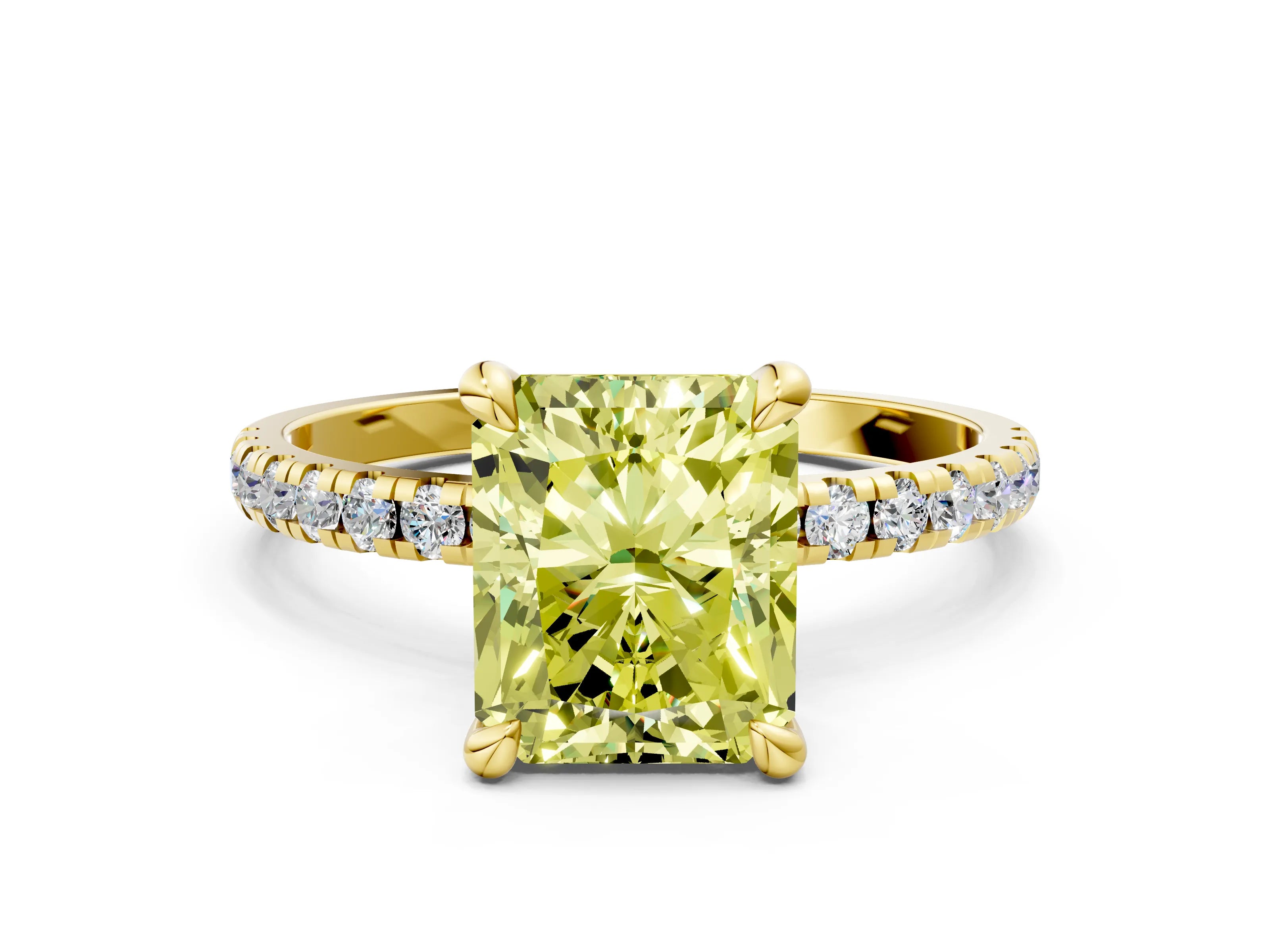 Yellow gold Fancy Yellow Radiant Cut Diamond Brilliant Solitaire Ring with Pavé Band and Four-Prong Setting