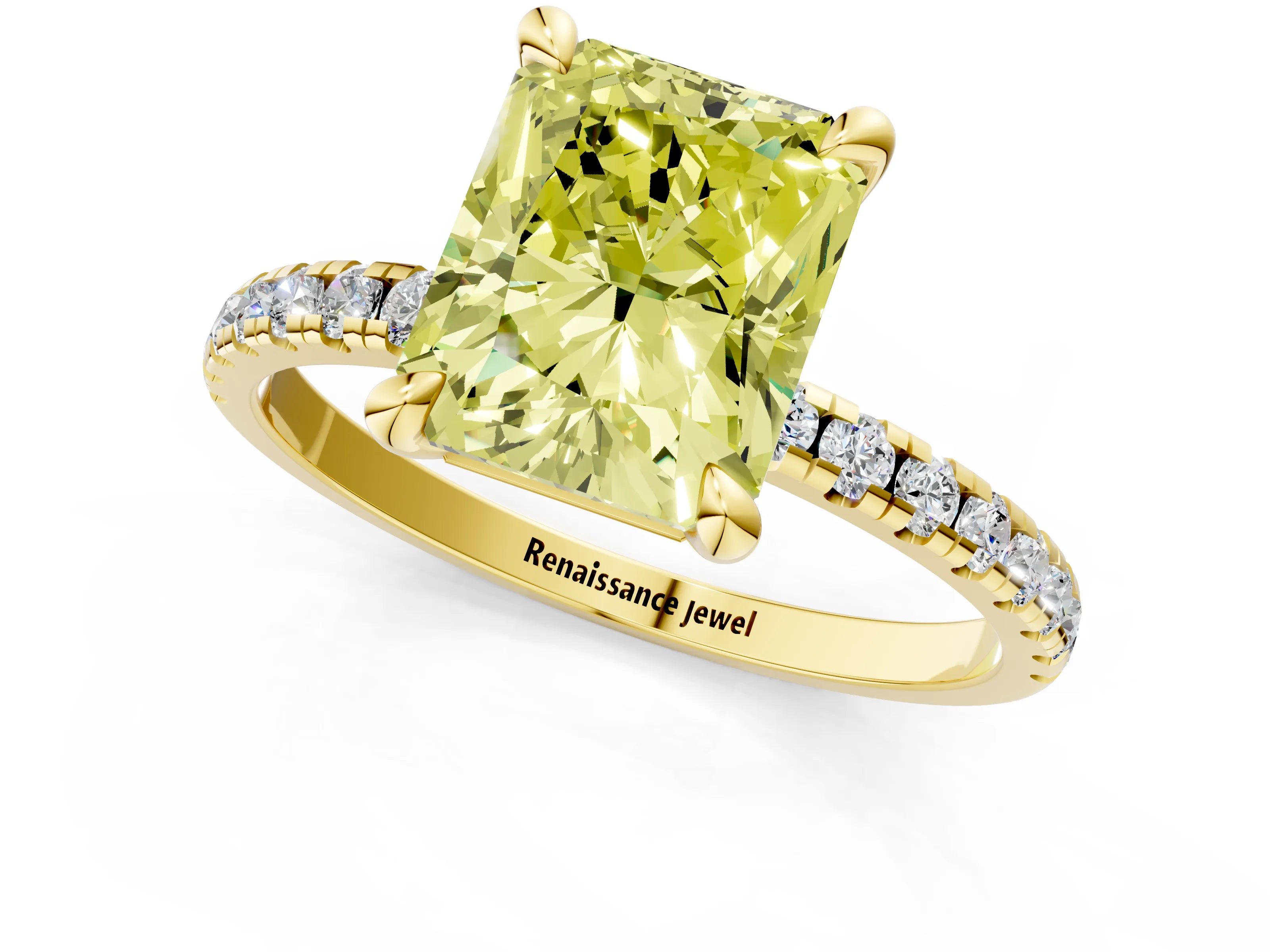 Yellow gold Fancy Yellow Radiant Cut Diamond Brilliant Solitaire Ring with Pavé Band and Four-Prong Setting_1