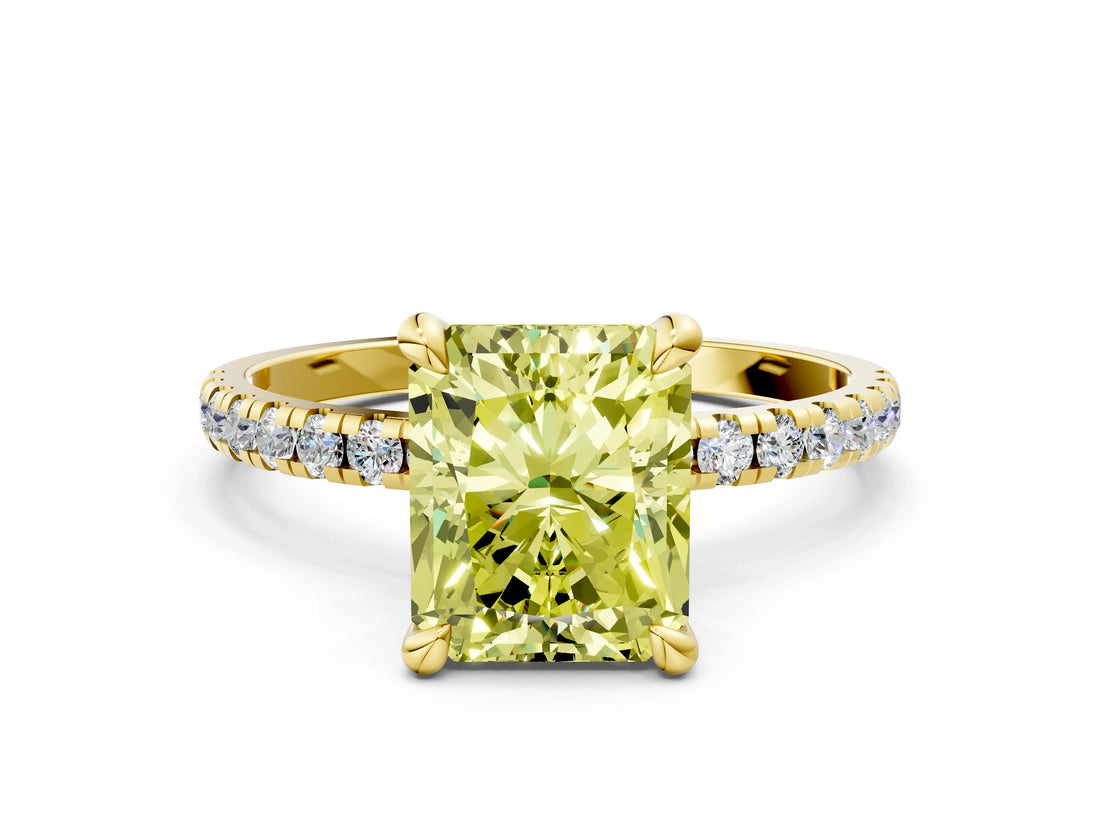 Yellow gold Fancy Yellow Radiant Cut Diamond Brilliant Solitaire Ring with Pavé Band and Four-Prong Setting_12