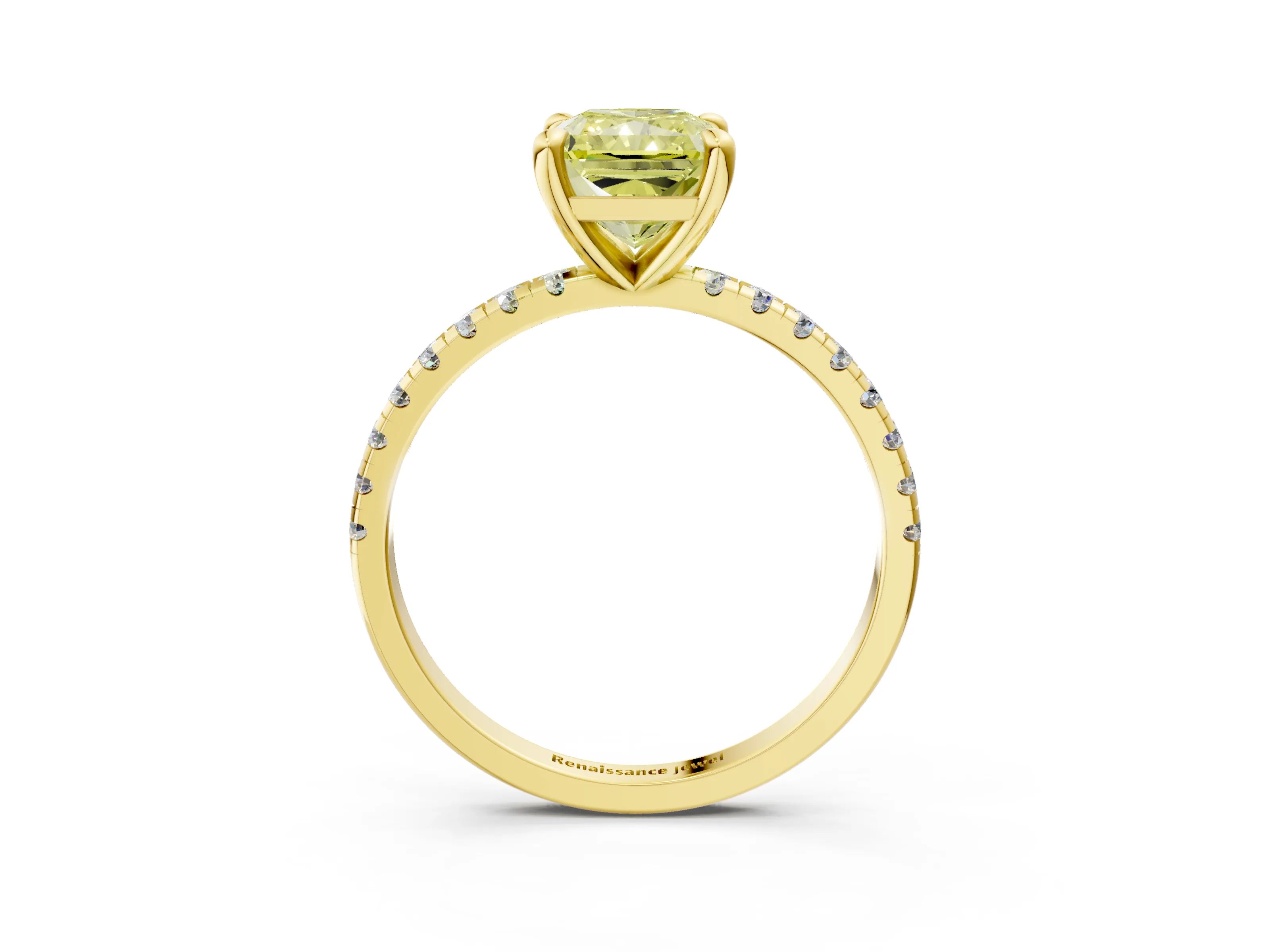 Yellow gold Fancy Yellow Radiant Cut Diamond Brilliant Solitaire Ring with Pavé Band and Four-Prong Setting_3