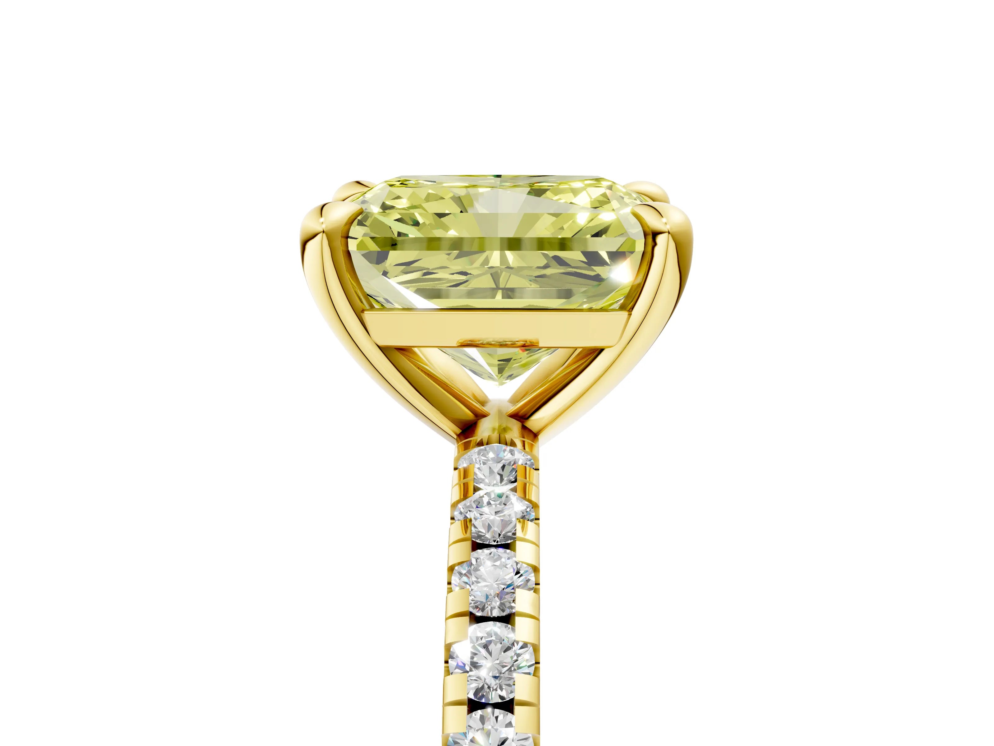 Yellow gold Fancy Yellow Radiant Cut Diamond Brilliant Solitaire Ring with Pavé Band and Four-Prong Setting_5