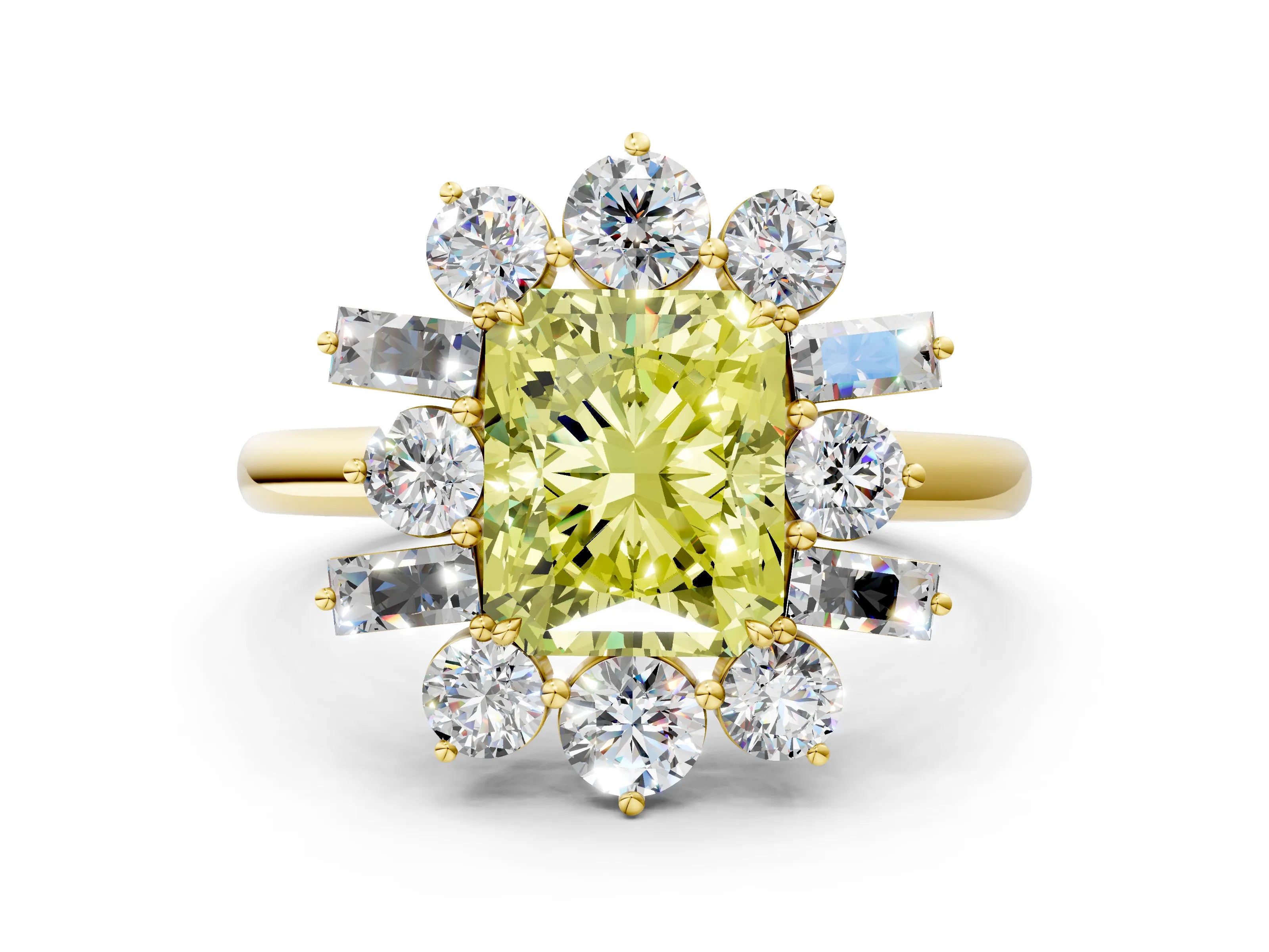 Yellow gold Fancy Yellow Radiant Cut Diamond Cluster Ring with Round and Baguette Stones, Split Shank Band, Prong Setting