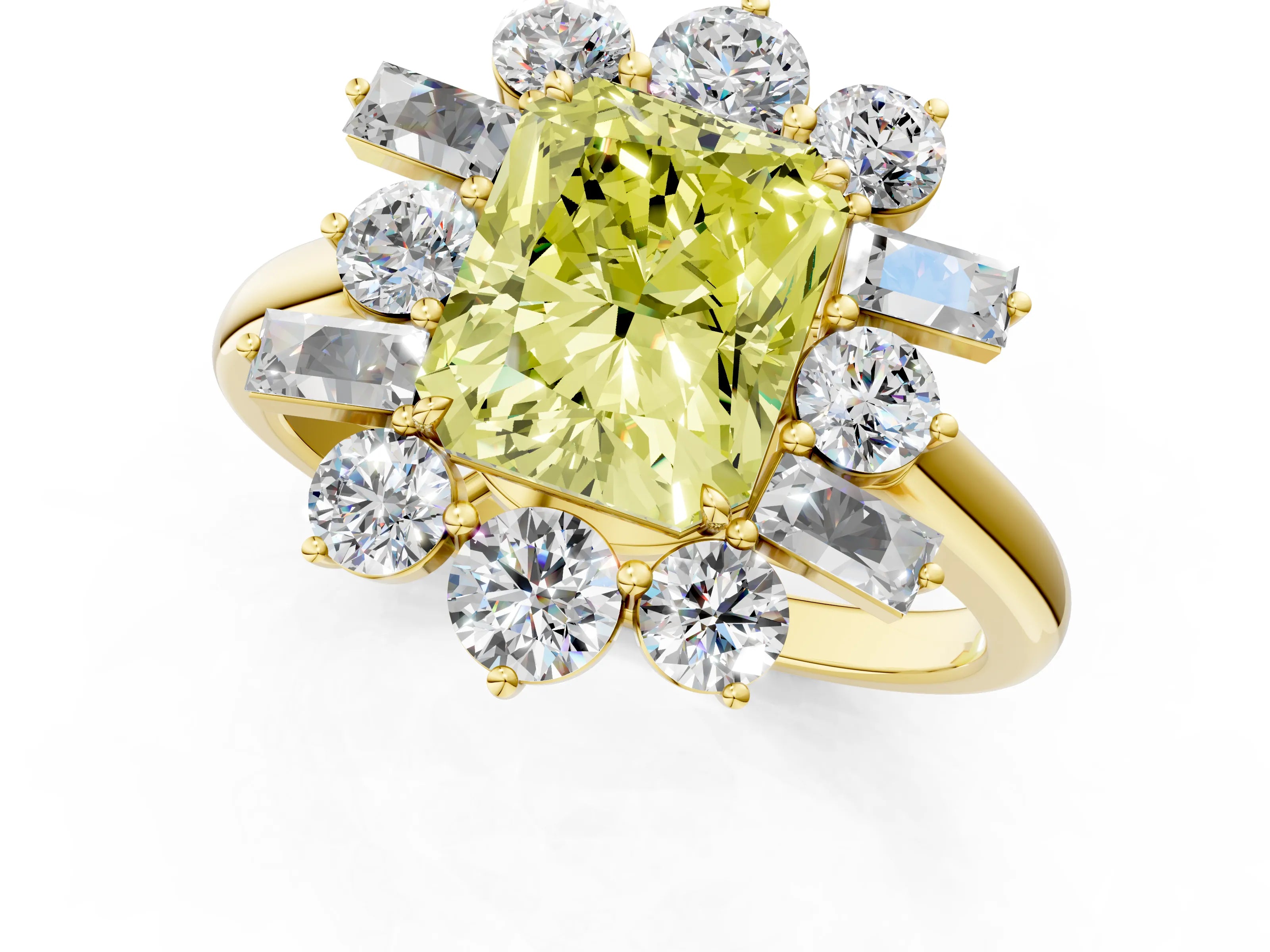 Yellow gold Fancy Yellow Radiant Cut Diamond Cluster Ring with Round and Baguette Stones, Split Shank Band, Prong Setting_1