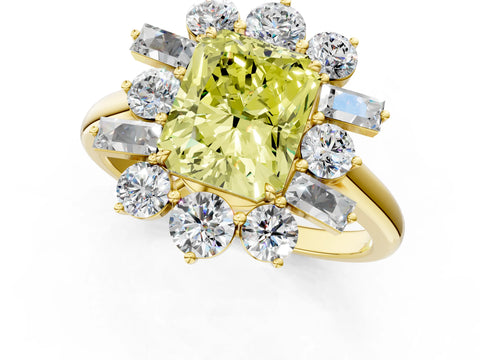 Yellow gold Fancy Yellow Radiant Cut Diamond Cluster Ring with Round and Baguette Stones, Split Shank Band, Prong Setting_1