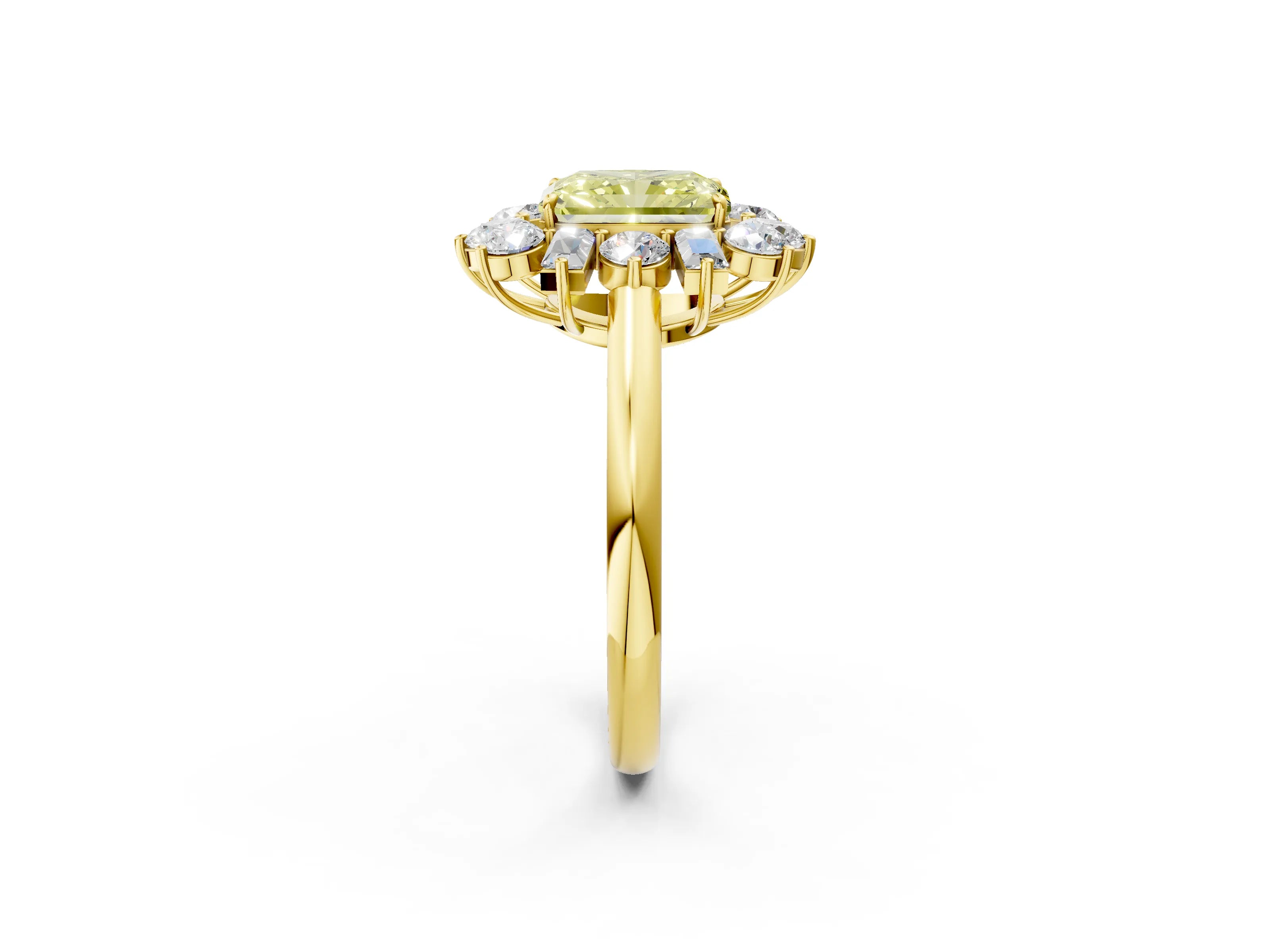 Yellow gold Fancy Yellow Radiant Cut Diamond Cluster Ring with Round and Baguette Stones, Split Shank Band, Prong Setting_2
