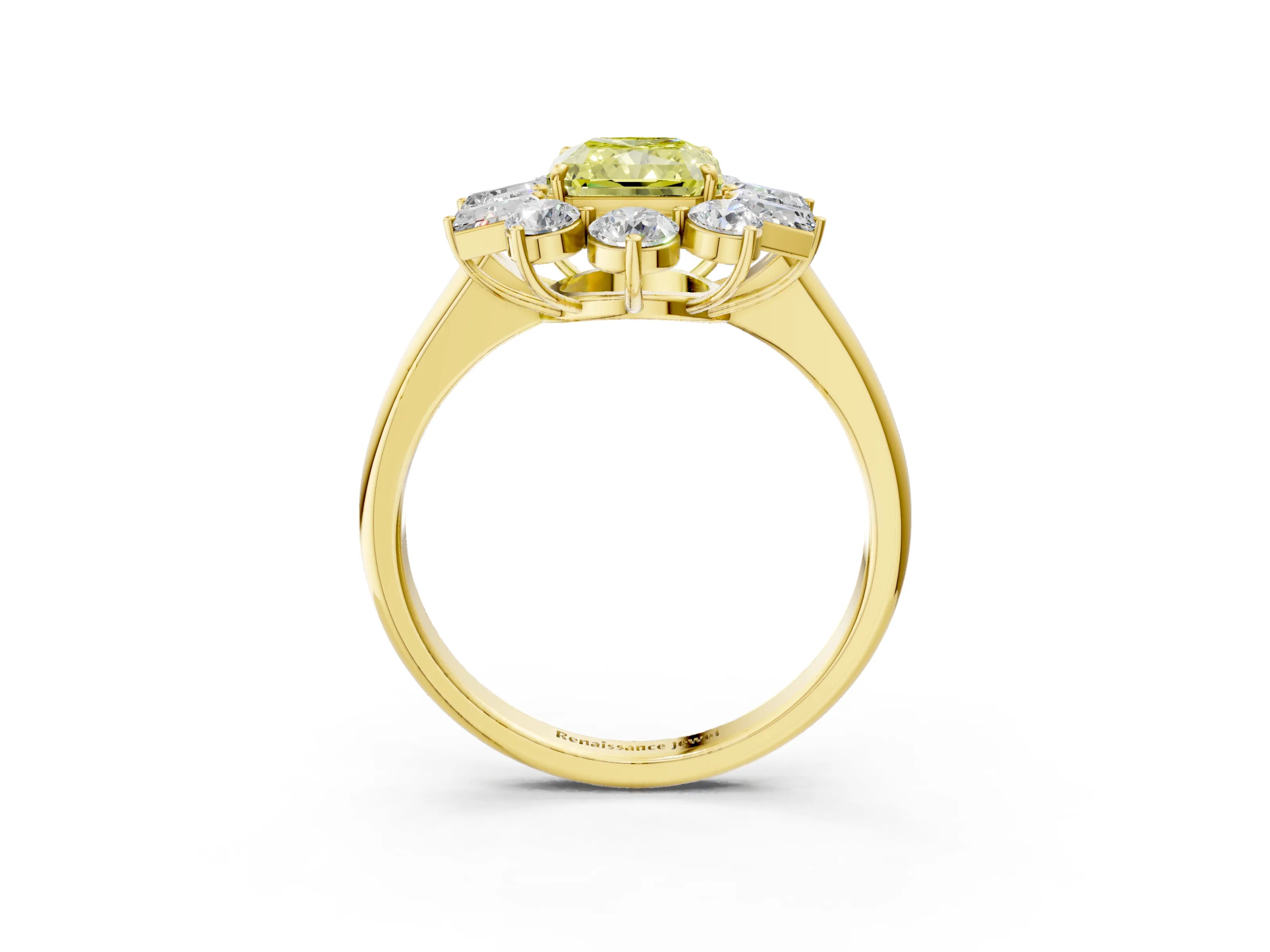Yellow gold Fancy Yellow Radiant Cut Diamond Cluster Ring with Round and Baguette Stones, Split Shank Band, Prong Setting_3