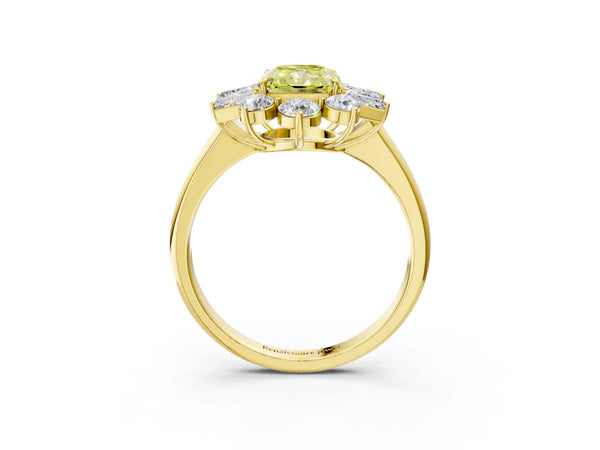 Yellow gold Fancy Yellow Radiant Cut Diamond Cluster Ring with Round and Baguette Stones, Split Shank Band, Prong Setting