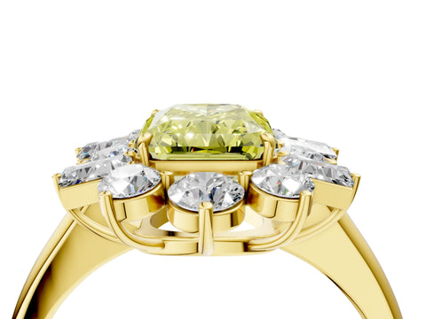 Yellow gold Fancy Yellow Radiant Cut Diamond Cluster Ring with Round and Baguette Stones, Split Shank Band, Prong Setting_4