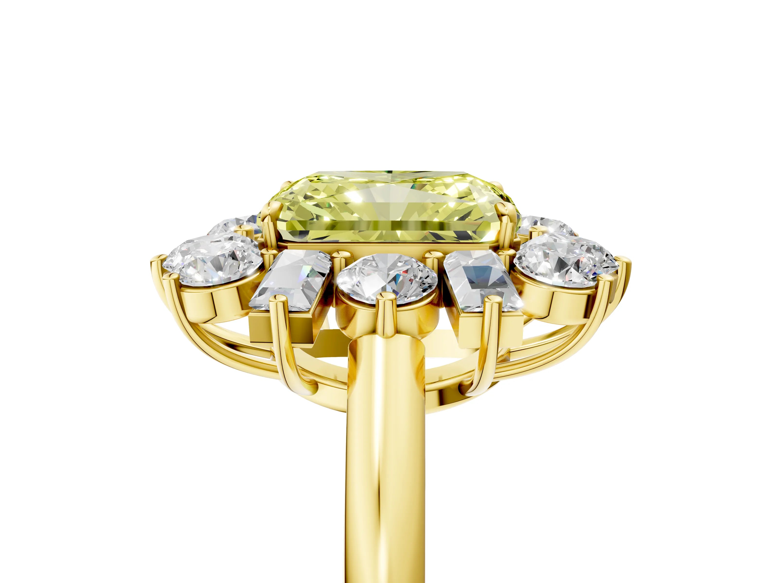 Yellow gold Fancy Yellow Radiant Cut Diamond Cluster Ring with Round and Baguette Stones, Split Shank Band, Prong Setting_5