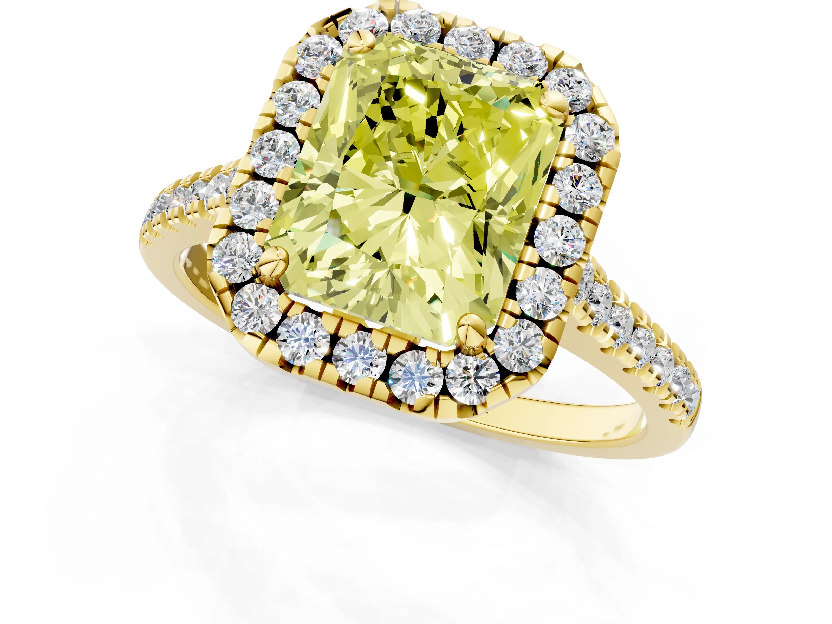 Yellow gold Fancy Yellow Radiant Cut Diamond Cushion Halo Ring with Pavé Band_1