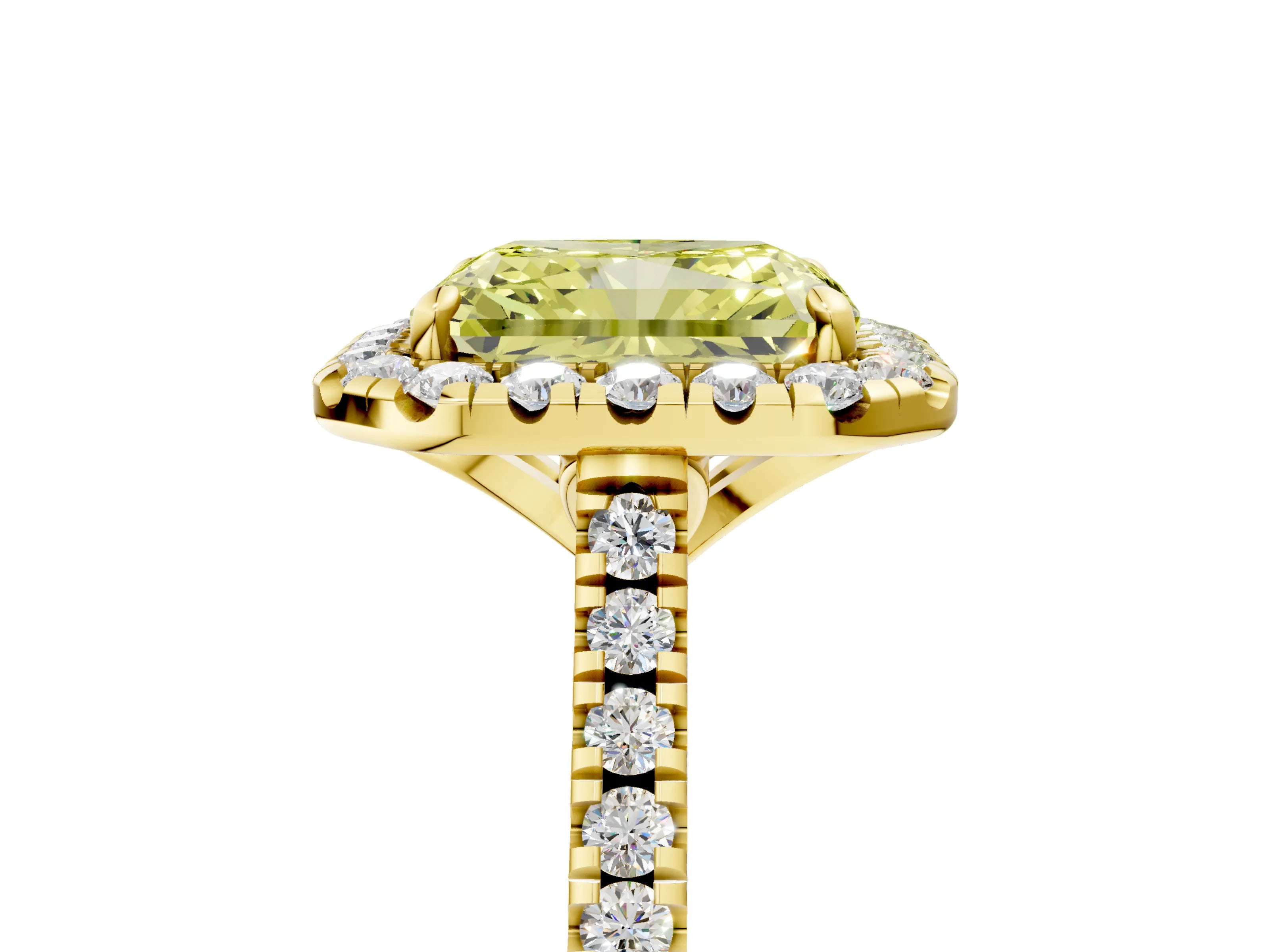 Yellow gold Fancy Yellow Radiant Cut Diamond Cushion Halo Ring with Pavé Band_5