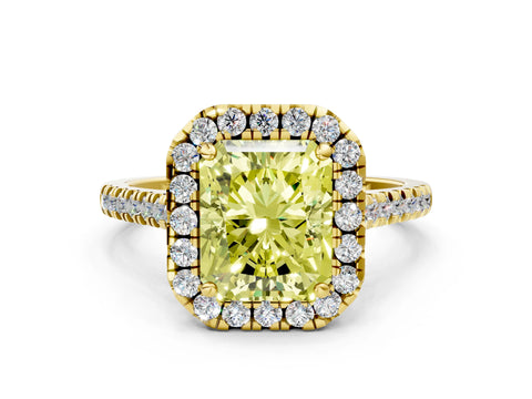 Yellow gold Fancy Yellow Radiant Cut Diamond Cushion Halo Ring with Pavé Band