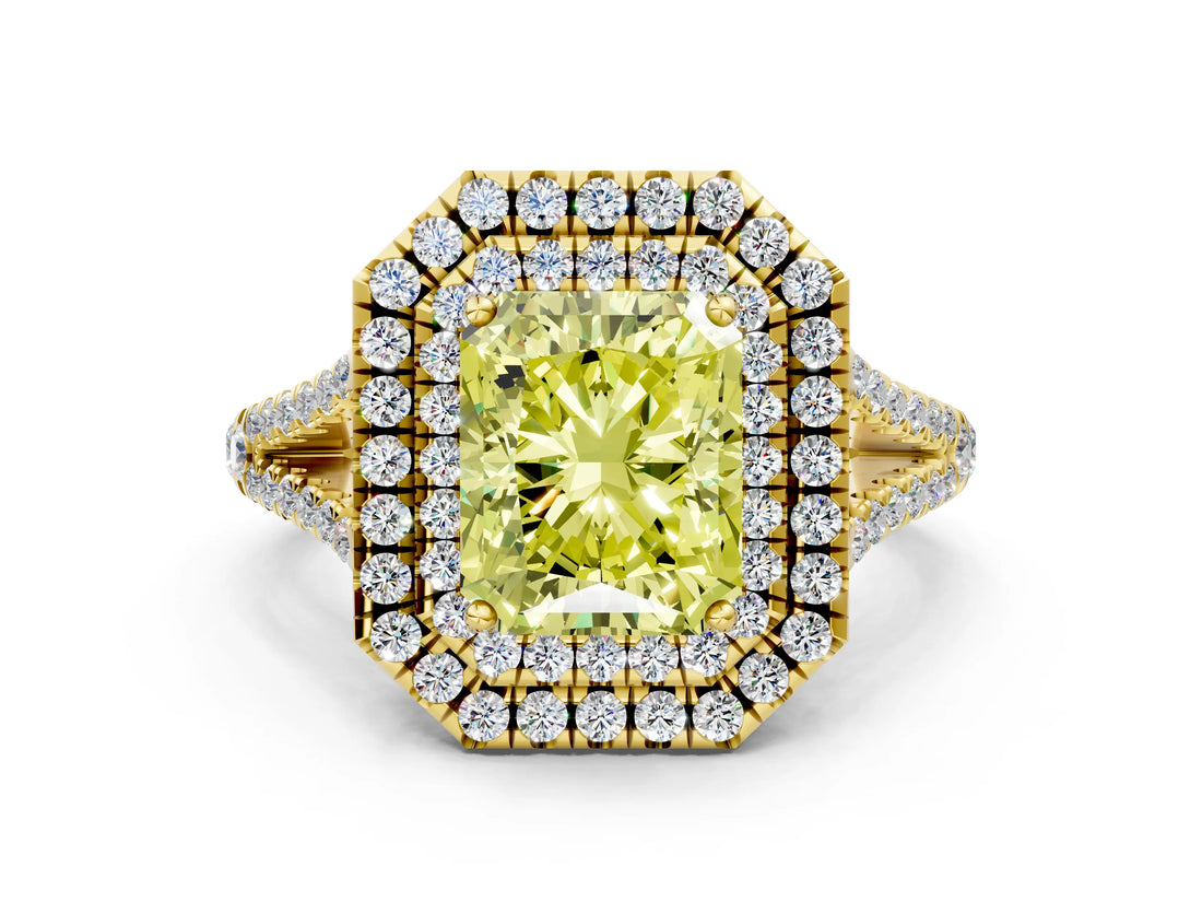 Yellow gold Fancy Yellow Radiant Cut Diamond Double Halo Ring with Pavé Band and Prong Setting_58