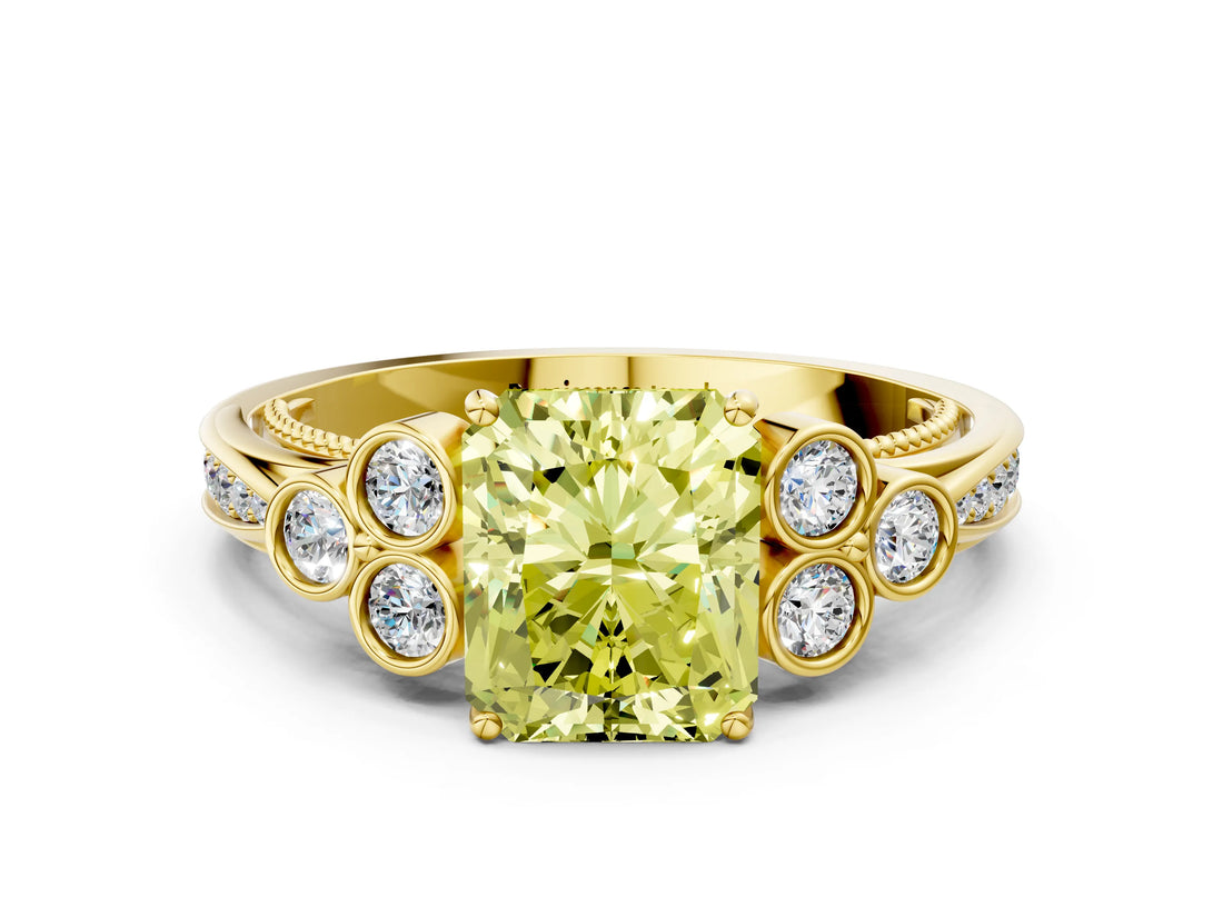 Yellow gold Fancy Yellow Radiant  Cut Diamond Engagement Ring with Bezel Set Round Side Stones and Prong Setting_49