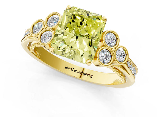Yellow gold Fancy Yellow Radiant  Cut Diamond Engagement Ring with Bezel Set Round Side Stones and Prong Setting