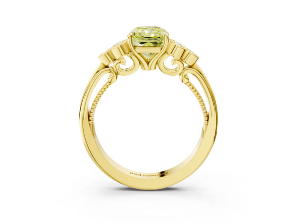 Yellow gold Fancy Yellow Radiant  Cut Diamond Engagement Ring with Bezel Set Round Side Stones and Prong Setting