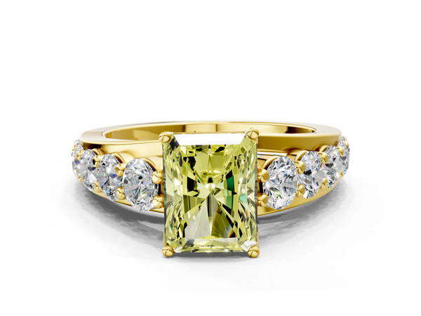 Yellow gold Fancy Yellow Radiant Cut Diamond Engagement Ring with Pavé Band and Four-Prong Setting
