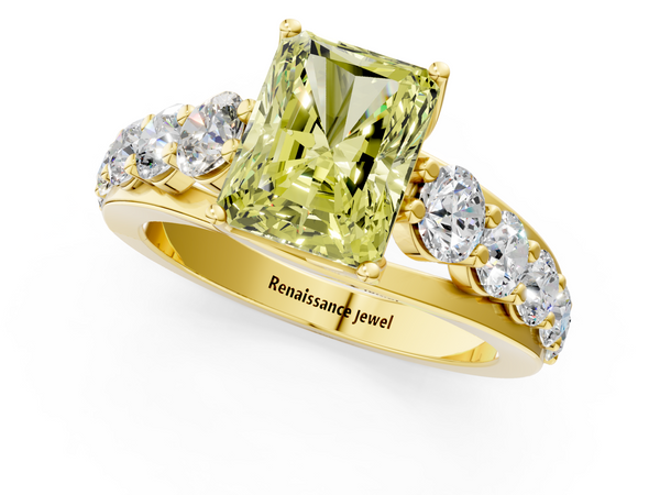 Yellow gold Fancy Yellow Radiant Cut Diamond Engagement Ring with Pavé Band and Four-Prong Setting