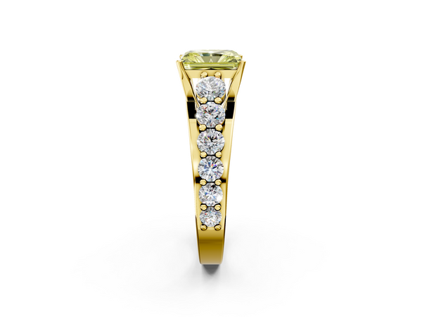 Yellow gold Fancy Yellow Radiant Cut Diamond Engagement Ring with Pavé Band and Four-Prong Setting