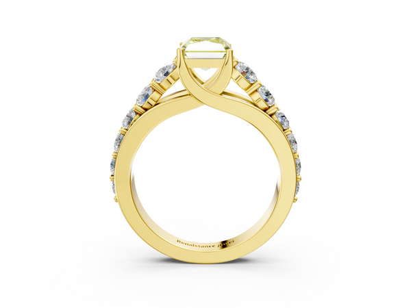 Yellow gold Fancy Yellow Radiant Cut Diamond Engagement Ring with Pavé Band and Four-Prong Setting