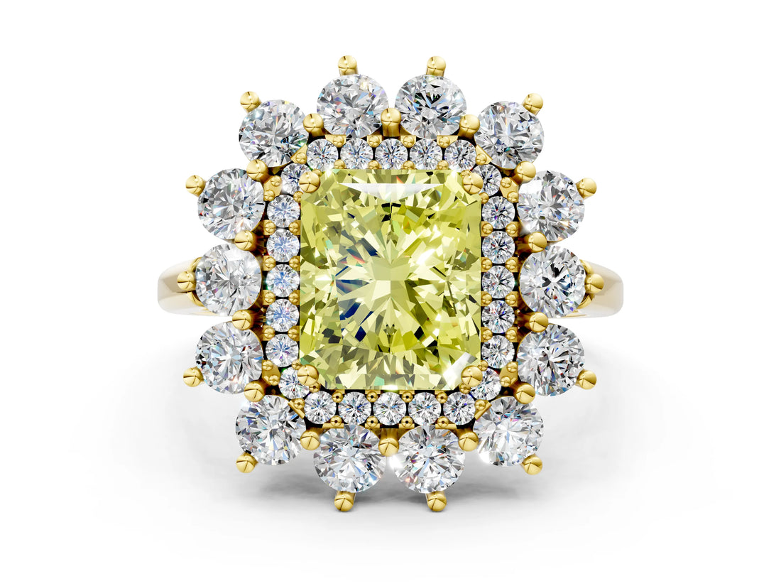 Yellow gold Fancy Yellow Radiant Cut Diamond Floral Double Halo Engagement Ring with Prong Setting_24