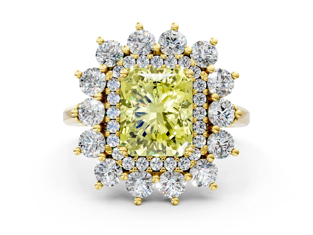 Yellow gold Fancy Yellow Radiant Cut Diamond Floral Double Halo Engagement Ring with Prong Setting_60