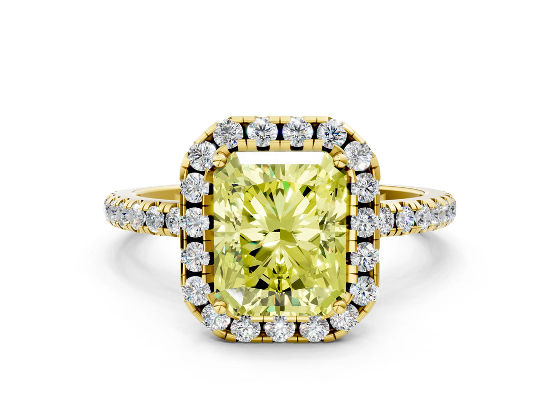 Yellow gold Fancy Yellow Radiant  Cut Diamond Floral Halo Engagement Ring with Pavé Band and Prong Setting_37