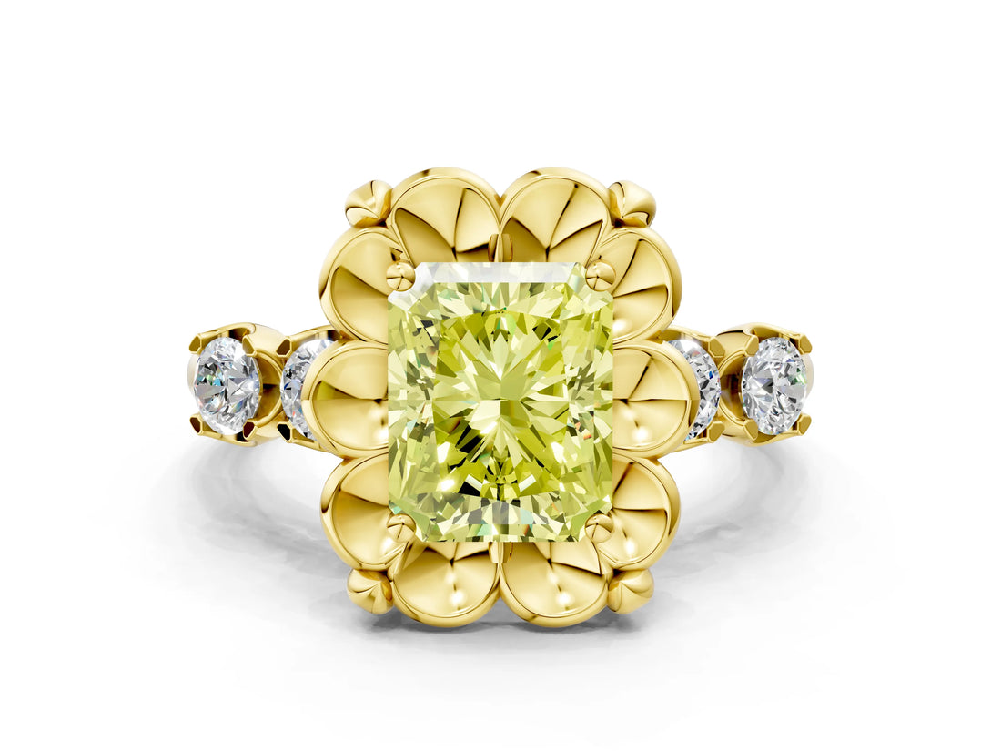 Yellow gold Fancy Yellow Radiant  Cut Diamond Floral Halo Engagement Ring with Shared Prong Setting