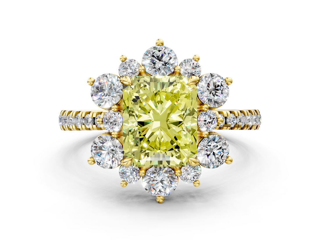 Yellow gold Fancy Yellow Radiant  Cut Diamond Floral Halo Pave Band with Prong Setting_36