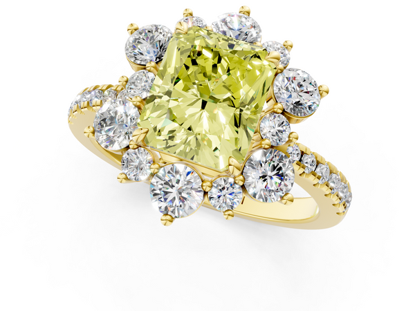 Yellow gold Fancy Yellow Radiant  Cut Diamond Floral Halo Pave Band with Prong Setting