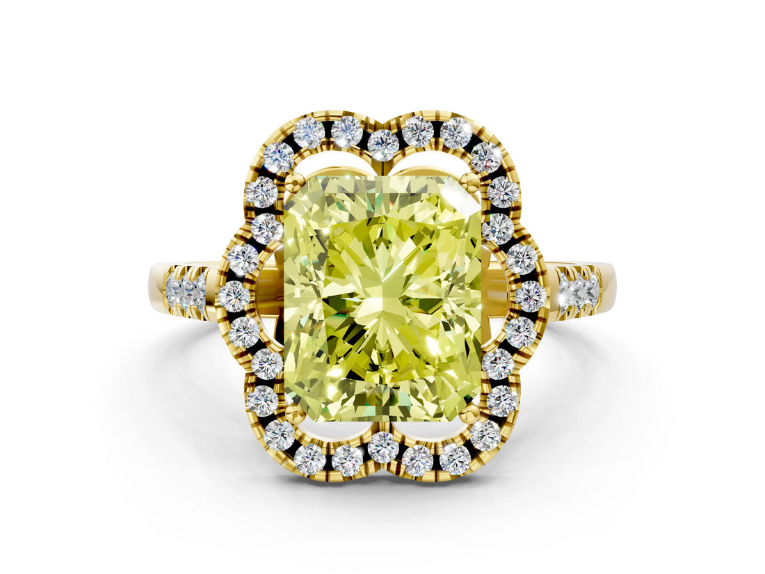 Yellow gold Fancy Yellow Radiant Cut Diamond Floral Halo Split Shank Prong Setting Ring