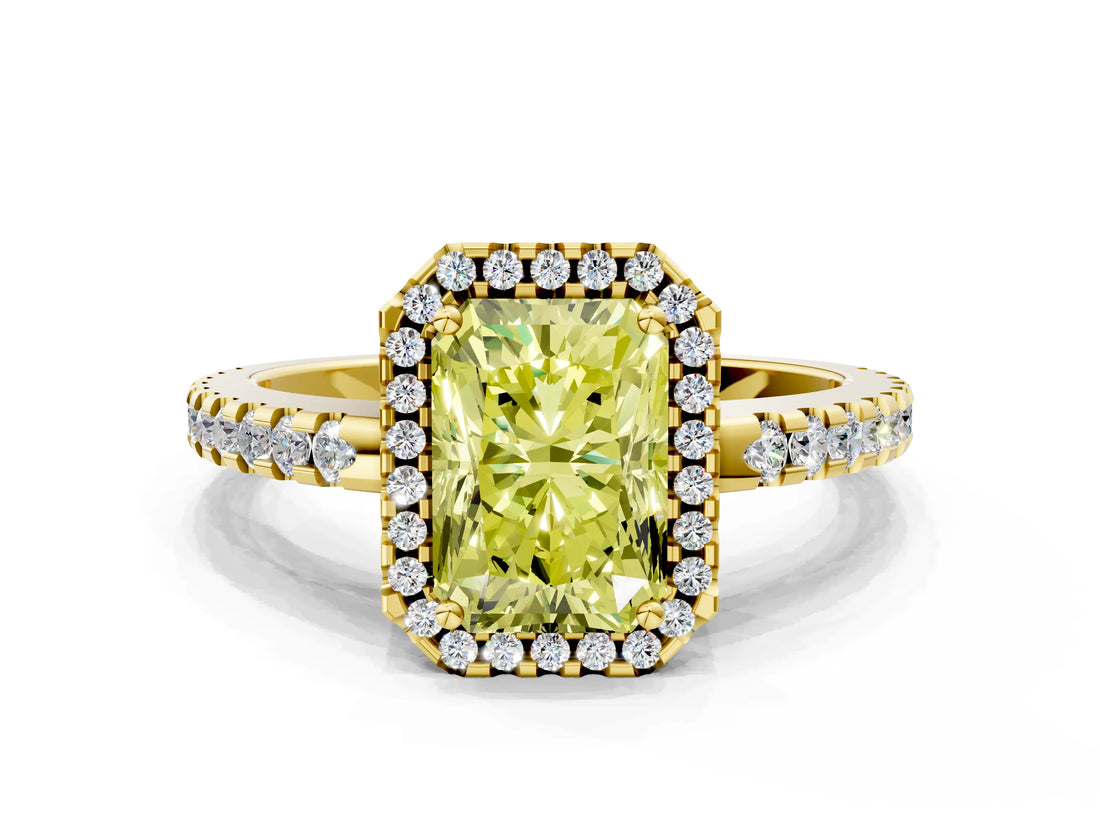Yellow gold Fancy Yellow Radiant Cut Diamond Halo Engagement Ring with Pavé Band and Prong Setting_27