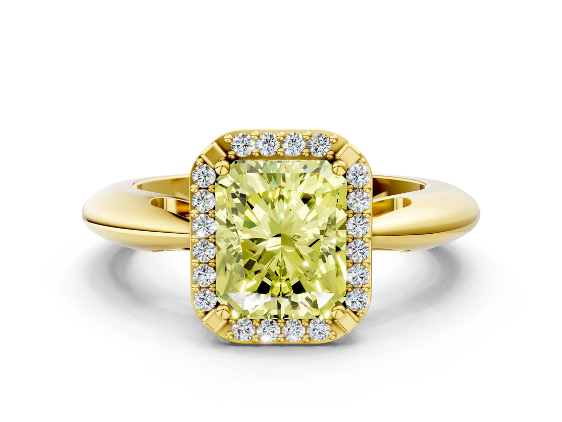 Yellow gold Fancy Yellow Radiant  Cut Diamond Halo Engagement Ring with Split Shank and Four-Prong Setting_90