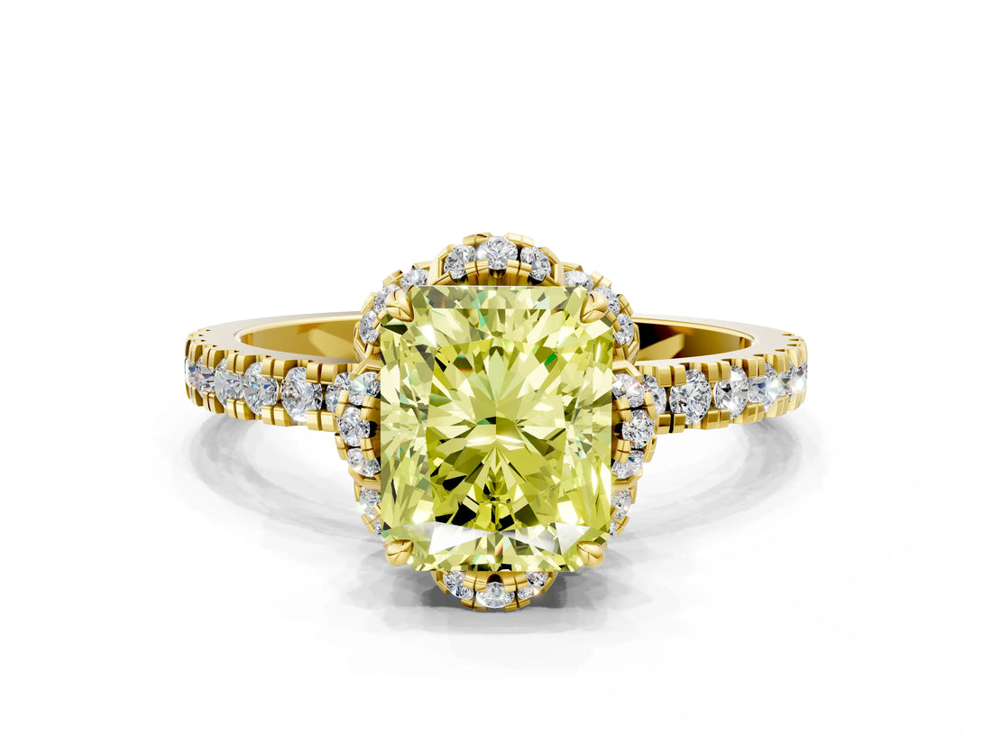 Yellow gold Fancy Yellow Radiant Cut Diamond Halo Pave Band with Four-Prong Setting_3