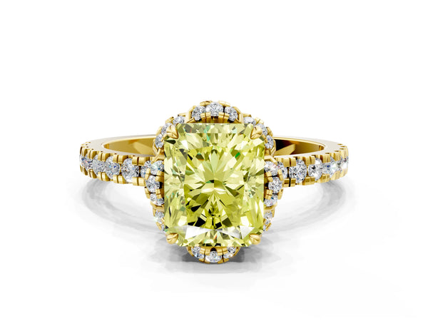 Yellow gold Fancy Yellow Radiant Cut Diamond Halo Pave Band with Four-Prong Setting