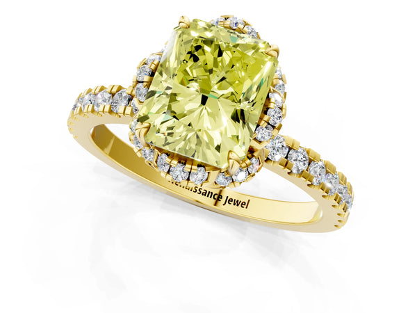 Yellow gold Fancy Yellow Radiant Cut Diamond Halo Pave Band with Four-Prong Setting