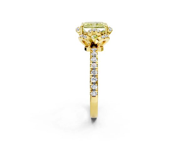 Yellow gold Fancy Yellow Radiant Cut Diamond Halo Pave Band with Four-Prong Setting