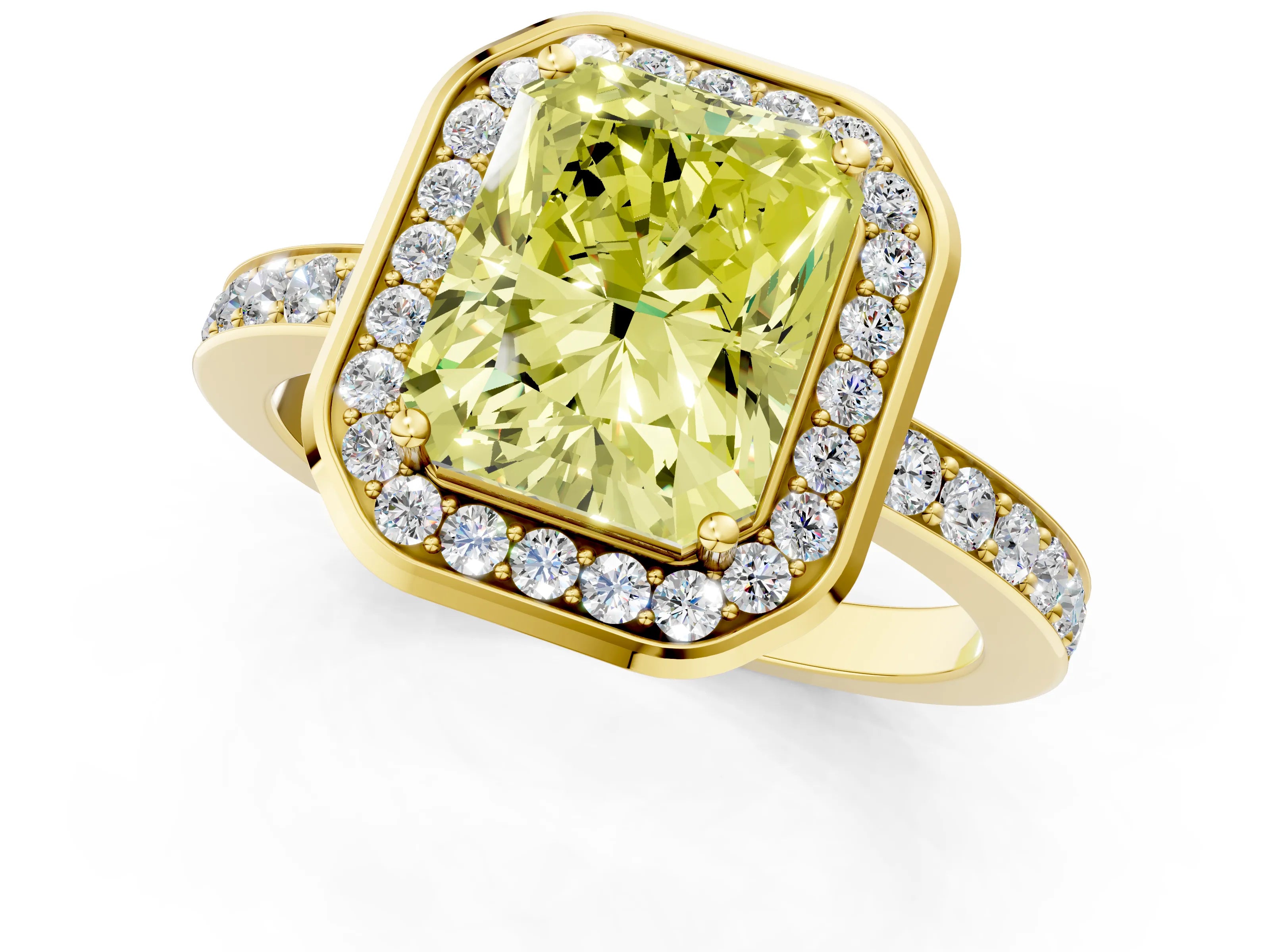 Yellow gold Fancy Yellow Radiant Cut Diamond Halo Ring with Bezel Frame and Pavé Band_1