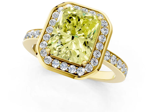 Yellow gold Fancy Yellow Radiant Cut Diamond Halo Ring with Bezel Frame and Pavé Band_1