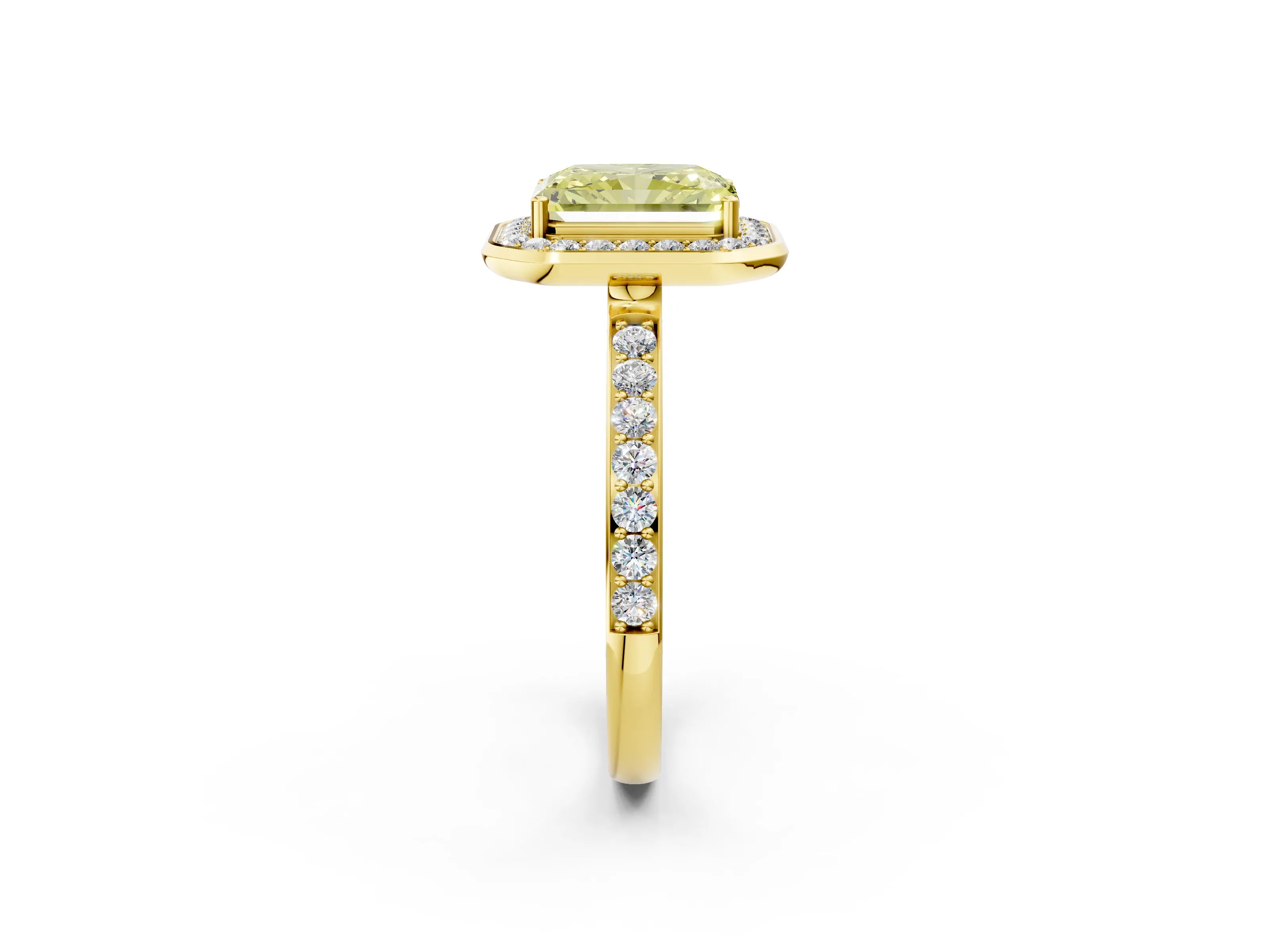 Yellow gold Fancy Yellow Radiant Cut Diamond Halo Ring with Bezel Frame and Pavé Band_2