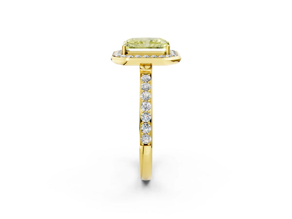 Yellow gold Fancy Yellow Radiant Cut Diamond Halo Ring with Bezel Frame and Pavé Band