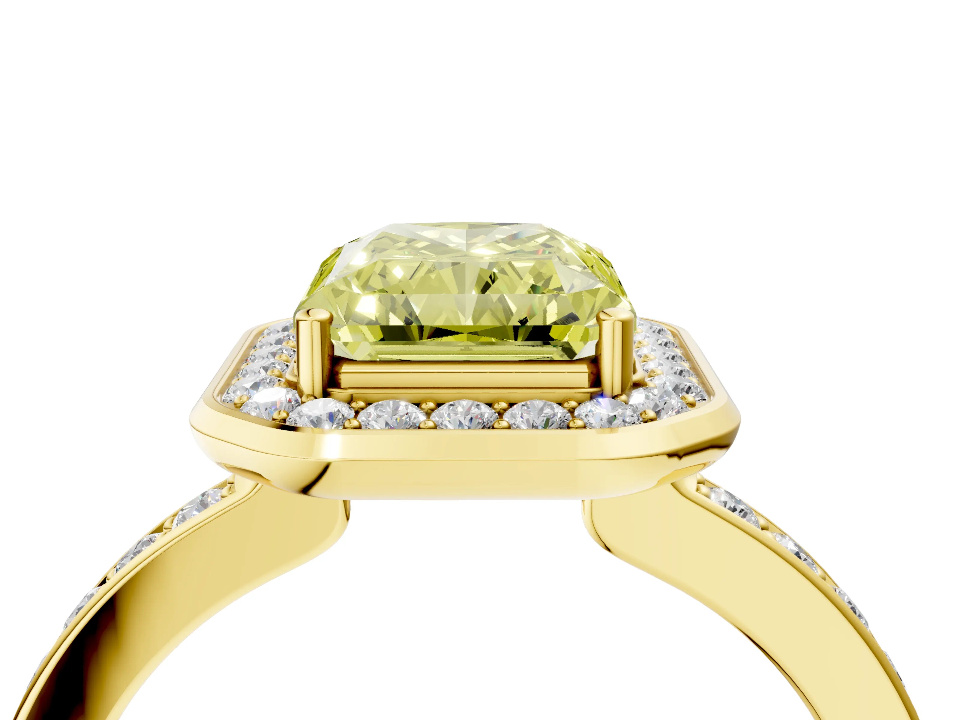 Yellow gold Fancy Yellow Radiant Cut Diamond Halo Ring with Bezel Frame and Pavé Band_4