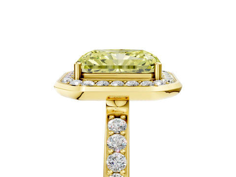 Yellow gold Fancy Yellow Radiant Cut Diamond Halo Ring with Bezel Frame and Pavé Band_5