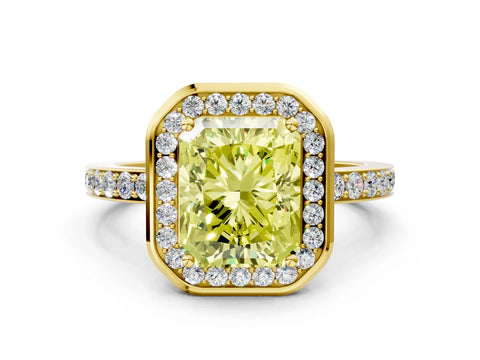 Yellow gold Fancy Yellow Radiant Cut Diamond Halo Ring with Bezel Frame and Pavé Band